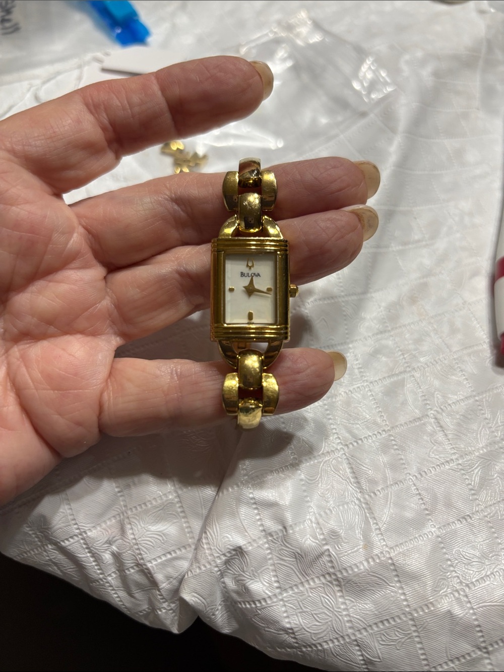 Bulova Gold Tone Link Bracelet Watch with Rectangular White Dial